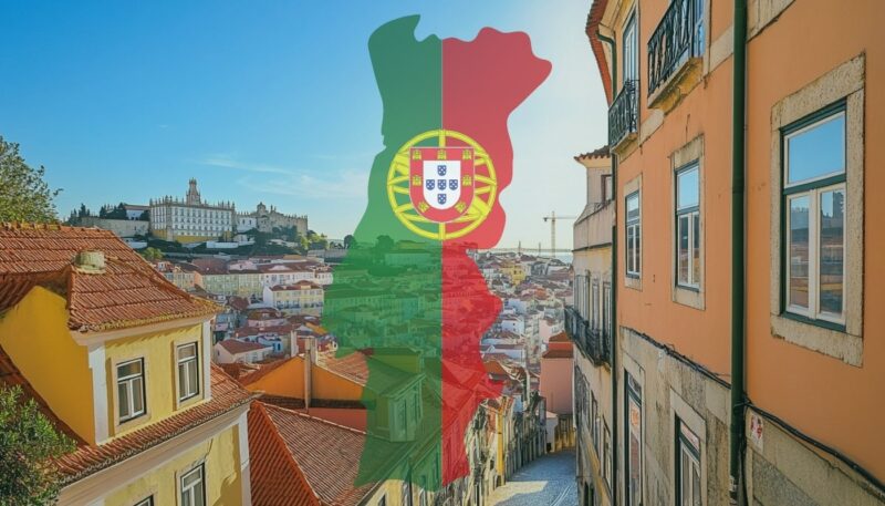 A scenic view of a Portuguese city with a superimposed outline of Portugal's map and national flag